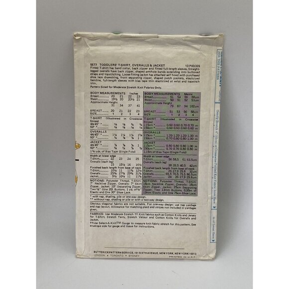 Butterick Sewing Pattern 5577 Toddler T Shirt Overalls Jacket Retro Vintage Sz 3 - Picture 2 of 2